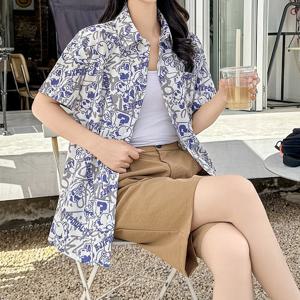 신상 반팔 셔츠, 통기성 좋은 여름 한국 버전 트렌디 고급 프린트 셔츠, 젠더프리 탑