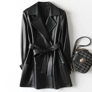 Julypalette 2025 새로운 진짜 가죽 중간 길이 트렌치 코트 세련된 여성 더블 브레스트 레이스 업 새시 양가죽 블레이저 자켓