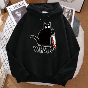 칼을 들고 귀여운 작은 검은 고양이 남자 까마귀 거리 양털 Hoody Hipster 가을 운동복 힙합 의류 여자