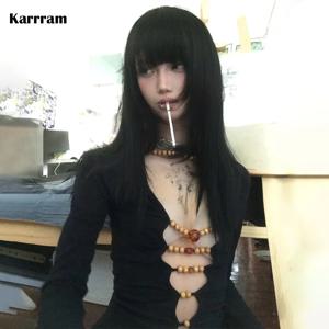 Karrram 일본 Y2k Hollow Out 탑 빈티지 하라주쿠 페르시 T 셔츠 2000 년대 미학 긴 소매 슬림 티셔츠 American Retro