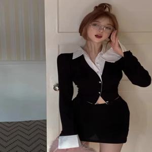 블랙 반팔 롱셔츠 여성용 봄 신상 스파이시걸 컬러 블록 디자인 슬림핏 숏탑 한국 스타일 폴로 칼라