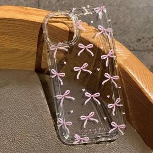 귀여운 핑크 하트 리본 폰 케이스 (아이폰 17, 16, 15, 14, 13, 12, 11 Pro Max, 13, 12 미니, 17Air, 16e)  내충격 소프트 투명 케이스