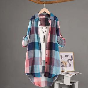 Women's Plaid Shirt Casual Blouses Woman Tops for Women Long Sleeve Long Sleeve Shirts Chic Blouse Check Linen Cotton Clothing