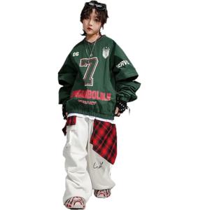 키즈 힙합 의류 그린 브이 넥 탄성 밑단 운동복 화이트 캐주얼 와이드 카고 바지 소녀 소년 재즈 댄스 의상 의류