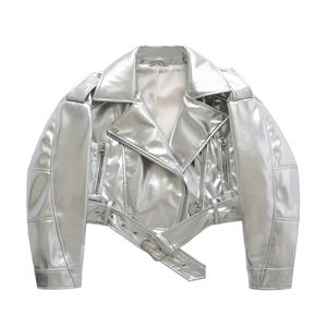 Ailegogo 봄 가을 여성 패션 캐주얼 실버 짧은 가짜 가죽 자켓 streetwear 여성 지퍼 벨트 루스 코트 아웃웨어