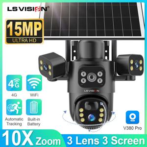 LS VISION 4G / WiFi 태양광 카메라 3렌즈 야외 15MP 4K 저전력 배터리 IP 카메라 PIR 야간 투시 V380 Pro CCTV 보안