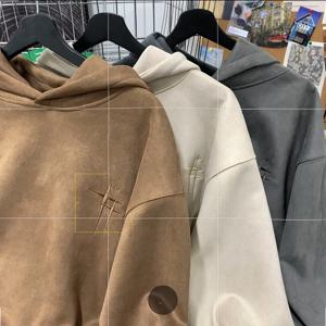 남성용 스웨이드 플리스 후드티 루즈핏 가을 겨울 트렌디 브랜드 캐주얼 아우터웨어 포켓 포켓 레귤러 소매 텍스트 패턴