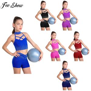 여자를위한 피겨 아이스 스케이트 댄스 세트 요가 의류 홀터넥 민소매 라인 석 크롭 탑 (반바지 포함) 발레 체조 복장