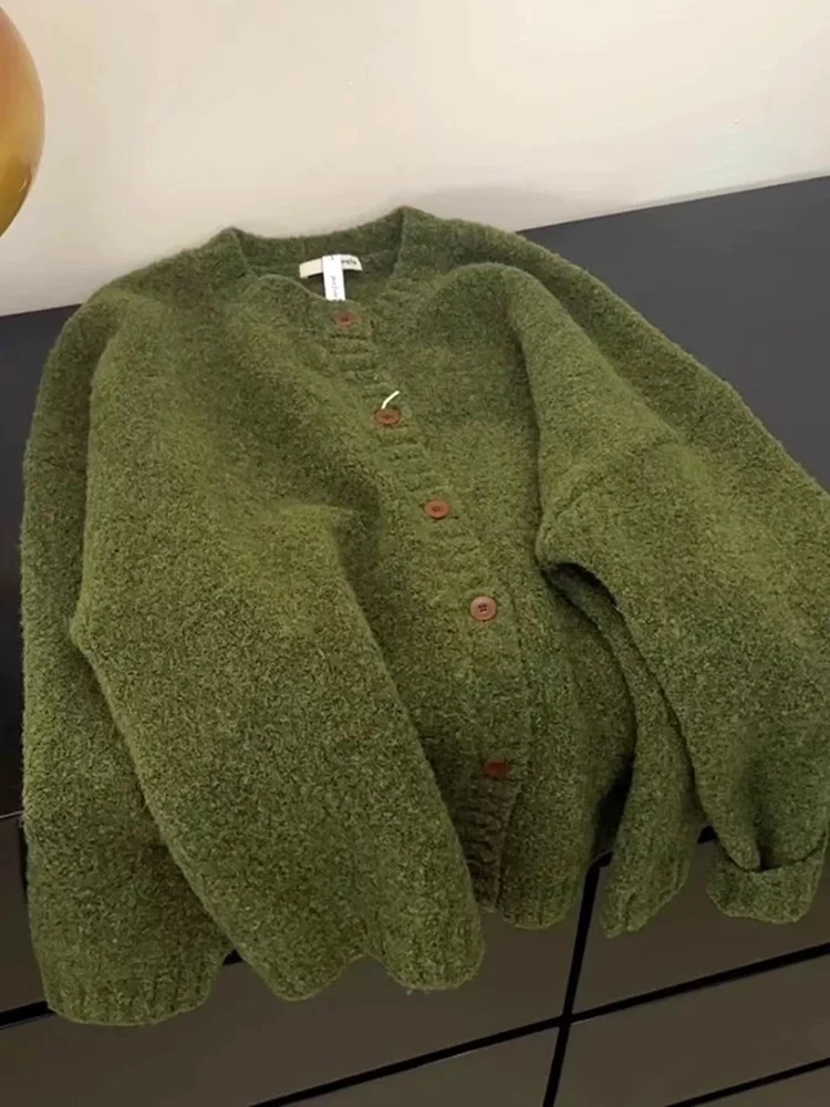 레트로 그린 니트 오픈 가디건 여성용 가을 겨울 두꺼운 레이지 하이엔드 부드럽고 아늑한 루즈핏 한국 스타일 상의