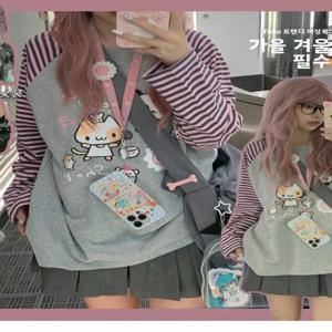 그레이 스트라이프 팬더 프린트 오버헤드 긴팔 스웨트셔츠 한국 스타일 라운드넥 인서트 숄더 슬리브 가을 겨울 소프트 걸 탑