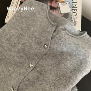 WinvyNee 여성 의류 메리노 울 가디건 O 넥 긴 소매 하트 스웨터 솔리드 아우터 니트 탑 가을 B1683001