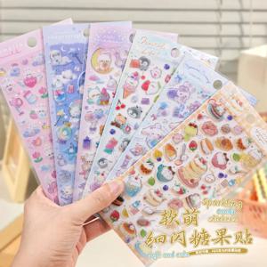 3개 랜덤 귀여운 캔디 컬러 동물 플래시 데코 스티커 스크랩북킹 DIY 저널링 귀여운 문구 다이어리 스티커 선물 상품
