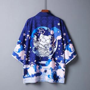 기모노 카디건 남성 유카타 고양이 프린트 중국 스타일 일본 사무라이 코트 하오리 전통 코스프레 탑 의류 여름