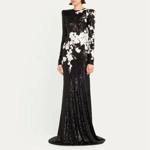 현대적인 블랙 여성용 이브닝 가운 머메이드 플로어 길이 정장 파티 드레스 O넥 아플리케 사우디 드레스 롱 슬리브 프롬 드레스