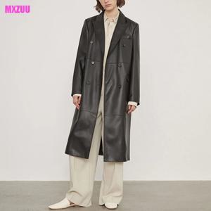 여성용 정품 양가죽 코트, 피크 라펠 더블 브레스트 카키 롱 가죽 재킷, 통근 스타일, 가을 신상