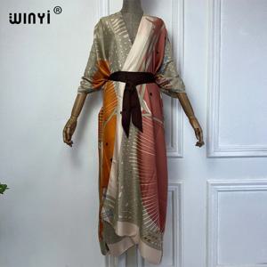WINYI 2024 프린트 중동 기모노 해변 커버 업 원피스, 우아한 아프리카 여성 보호 카디건, 휴일 맥시 아바야, 여름 신상