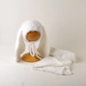 빈티지 니트 스트레치 퍼지 랩과 토끼 모자 세트 신생아 사진 소품 크로 셰 뜨개질 모헤어 랩 보닛 사진 촬영