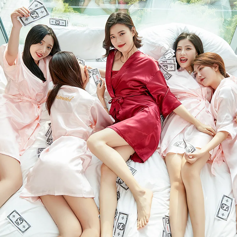 신부 목욕 가운 시뮬레이션 실크 원피스, 솔리드 컬러, 신부 들러리 그룹, 아이스 실크 웨딩 란제리, 섹시한 욕실