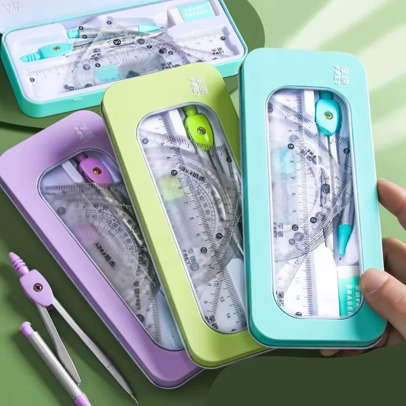 7 PCS 나침반 및 눈금자 세트 삼각형 눈금자 각도기 고무 학생 시험 특정 눈금자 상자 세트 눈금자 세트 학교 시작