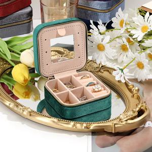 여성을위한 벨벳 보석 상자 기하학적 Sqaure 보석 보관 케이스 목걸이 반지 귀걸이 여행 휴대용 지퍼 상자
