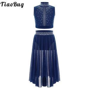 여아용 서정적 현대 무용 세트, 라인석 크롭탑, 메쉬 쉬폰, 하이로 레오타드 스커트, 체조, 아이스 스케이팅 발레 의상