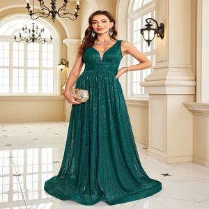 여성 럭셔리 v 넥 민소매 녹색 정장 이브닝 드레스 스팽글 2025 웨딩 파티 댄스 파티 맥시 칵테일 드레스 베스 티드