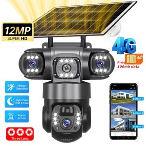 V380 Pro 12MP 10X 줌 트리플 렌즈 4G 태양열 카메라 야외 3 스크린 PIR 모션 감지 보안 감시 CCTV 카메라