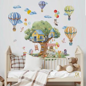 만화 나무 & 풍선 동물 벽 데칼 - 어린이 방 놀이방 기발한 숲 테마 장식을위한 대형 이동식 비닐 스티커