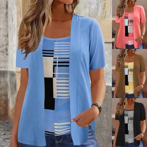 2025 신상 여성 티셔츠 페이크 투피스 우아한 패치워크 플러스 사이즈 셔츠 여름 캐주얼 프린트 반팔 루즈핏 탑 5XL