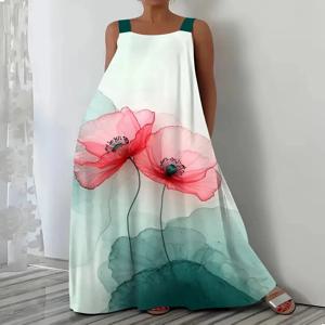 플러스 사이즈 유럽 및 미국 크로스보더 봄 여름 핫세일 캐주얼 휴가 프린트 멜빵 포켓 원피스