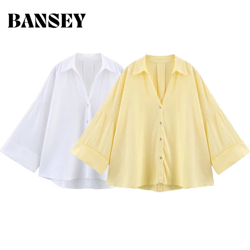 봄/여름 2025 칼라 버튼 디자인 와이드 슬리브 미니멀리스트 홀리데이 스타일을 위한 여성 캐주얼 루즈 셔츠