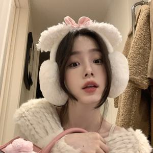핑크 리본 토끼 귀마개 2025 신상 인기 귀여운 로맨틱 귀덮개 겨울 따뜻한 부드러운 플러시 귀마개 여자친구 선물