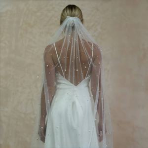 진주 웨딩 베일 1단 소프트 브라이덜 베일 비즈 웨딩 액세서리 3M 캐시드럴 길이 베일 (신부용 아이보리, 빗 포함) G176