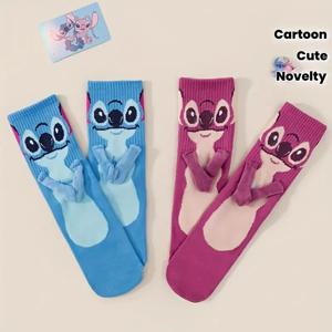 DIY 남성용 미드 튜브 양말과 손을 잡고 있는 2 쌍의 참신한 만화 스티치 맞춤형 및 창의적인 고가 커플 양말