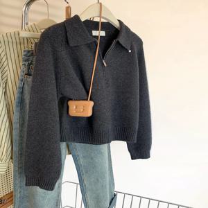 딥 그레이 지퍼 폴로넥 니트 스웨터 여성용 패셔너블 가을 겨울 스몰 사이즈 풀오버 탑 따뜻한 두꺼운 긴팔