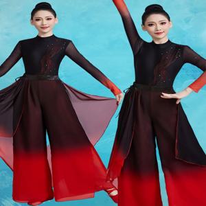 고전 무용 공연 의상 드래곤 댄스 유니폼 레드 블랙 의상 전통 중국 무대 의상 여성용 숄