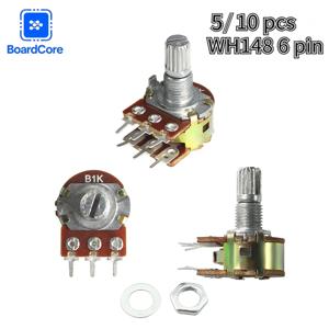 5/10개 WH148 듀얼 갱 포텐셔미터 6핀 B1K B2K B5K B10K B20K B50K B100K B500K B1M 샤프트 15MM 볼륨 조절 너트와 와셔 포함