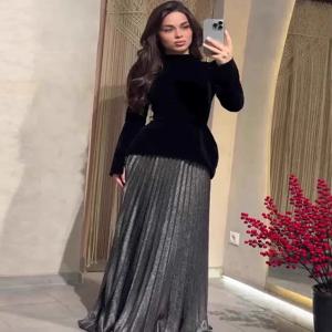 세련된 롱 슬리브 블랙 롱 드레스, 허리 조절 가능한 새해 여성용 드레스, 컬러 블록 이브닝 가운, 플리츠 스커트