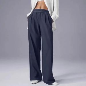 요가 스포츠 와이드 레그 팬츠 여성용 얇은 캐주얼 루즈 네이비 블루 배기 스웨트팬츠 엘라스틱 웨이스트 솔리드 피트니스 조거 팬츠