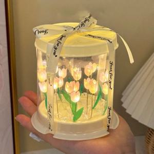 DIY 튤립 램프 시뮬레이션 꽃바다 케이크 박스 침실 탁상 램프 수제 공예 장식 튤립 야간등 생일 선물
