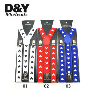 남성용 패션 하트 블루 레드 화이트 와이드 멜빵, 클립온 버팀대, 신축성 슬림 멜빵, Y백 멜빵 스트랩, 2.5cm