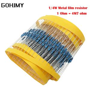 100pcs 1/4W 금속 필름 저항기 1R ~ 22M 1R 100R 220R 330R 1K 1.5K 2.2K 3.3K 4.7K 10K 22K 47K 100K 220k 330 1K5 2K2 3K3 4K7 옴