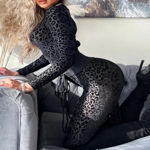 점프 슈트 여성 2023 봄 패션 레오파드 프린트 모의 목 캐주얼 긴 소매 스키니 데일리 세미 쉬어 점프 슈트 Y2K streetwear