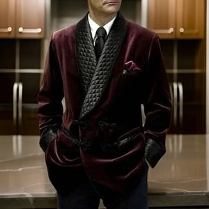 벨벳 흡연 재킷 만다린 버튼 숄 라펠 롱 캐주얼 비즈니스 블레이저 2024, 남성 패션 코트, 1 개