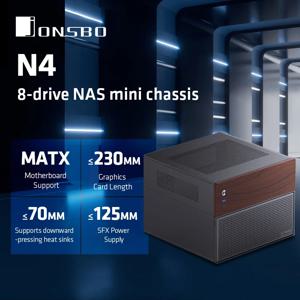 JONSBO N4 검정색 NAS 섀시 M-ATX 마더보드 SFX 전원 슬롯 6 대형 2 소형 하드 드라이브 슬롯 120mmx1Fan 호두 장식 패널
