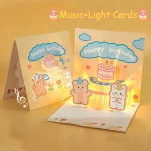3D 팝업 라이트 음악 생일 카드 귀여운 곰 케이크 인사말 카드 생일 축하 파티 깜짝 축복 카드 선물