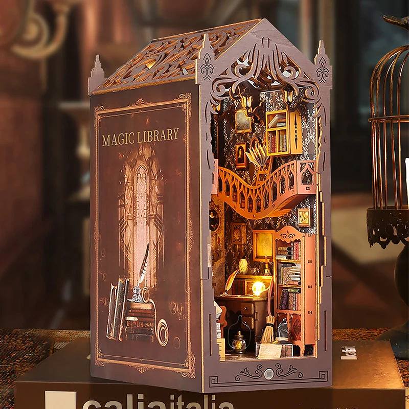 DIY 책 구석 삽입 키트 나무 인형 집 빌딩 키트 매직 하우스 카사 북 엔드 LED 조명 책장 홈 인테리어 선물