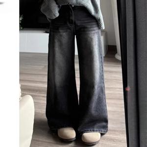 플러스 사이즈 아메리칸 레트로 블랙 그레이 와이드 레그 데님 청바지 여성용 가을 겨울 플리스 하이 웨이스트 루즈 스트레이트 바닥 길이 바지