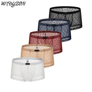 남자 레이스 복서 반바지 팬티 속옷 섹시한 반투명 Boxershorts 남자 U 파우치 복서 통기성 로파 인테리어 Hombre 슬립