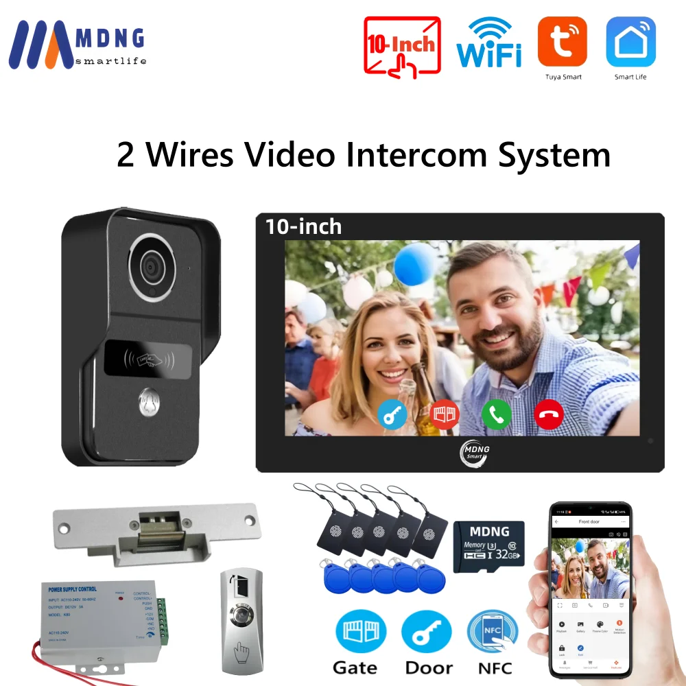 10 인치 Tuya 스마트 와이파이 비디오 인터콤 초인종 전기 스트라이크 잠금 장치 1080P 2 전선 비디오 도어 폰 시스템 가정용 무선